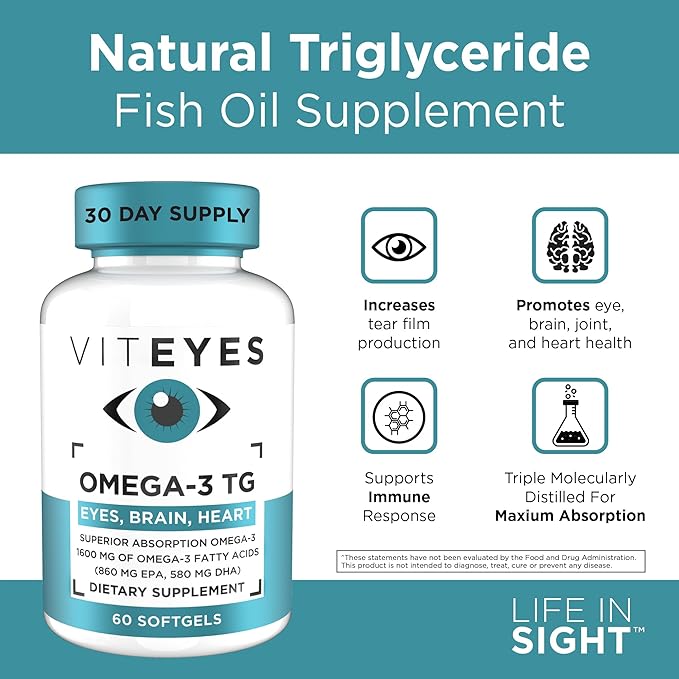 Viteyes Omega-3 TG Supports Eye &amp Heart Health Natural Triglyceride Fish Oil Formula Clear 60 Count