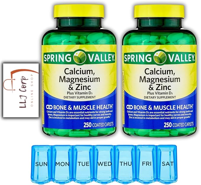 2 Spring Valley Calcium Magnesium &amp Zinc Plus Vitamin D3 Coated Caplets 250 Ct Bundle with Weekly Pill Planner + LLJ Corp Sticker.