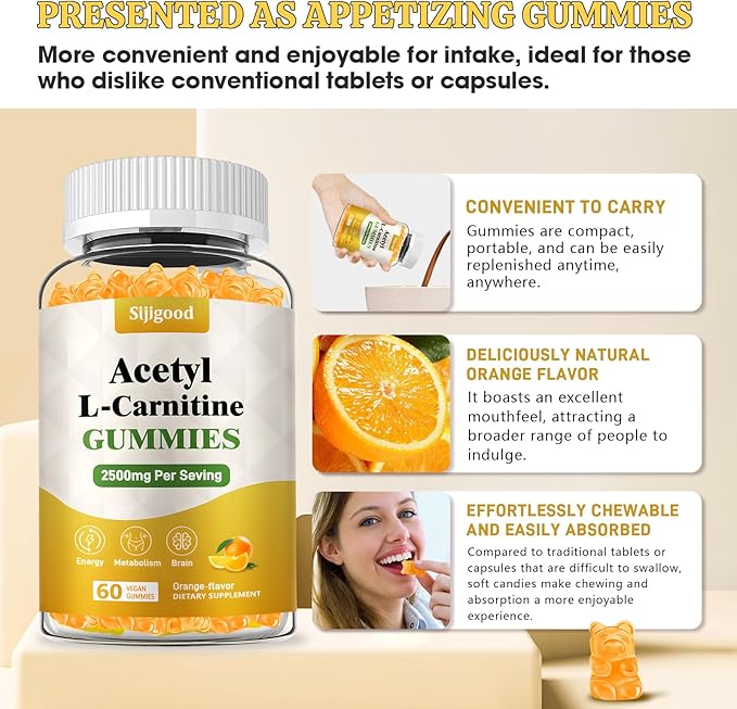 2 Pack Acetyl L-Carnitine Supplement Natural Nutrition Supplement for Boost Energy Immunity Vegan Orange Flavor 120 Count