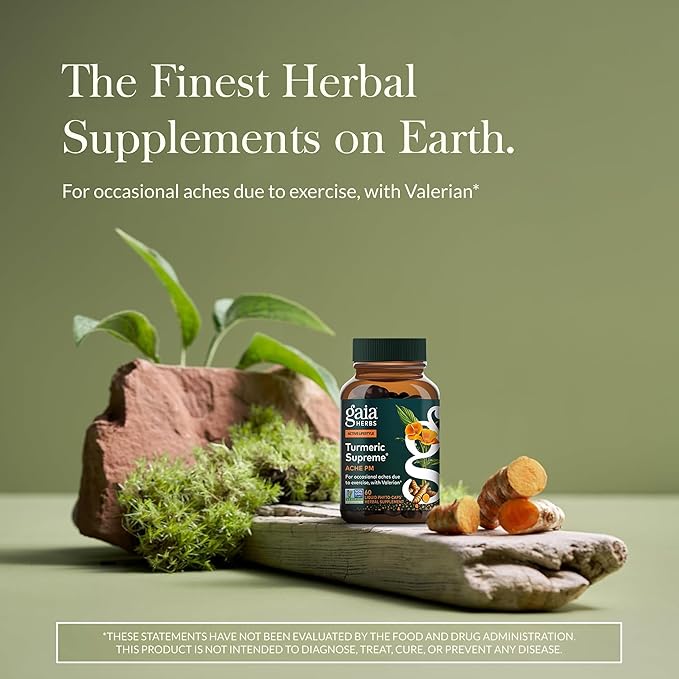 Gaia Herbs Turmeric Supreme Ache P.M. - Helps Provide Nighttime Comfort to Support More Restful Sleep* - with Turmeric Root Valerian California Poppy &amp More - 60 Liquid Phyto-Caps (20 Servings)
