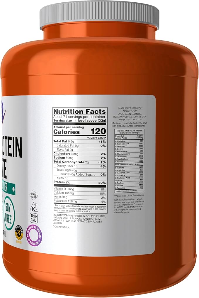 NOW Foods Sports Nutrition Whey Protein Isolate 25 g With BCAAs Creamy Vanilla Powder 5-Pound