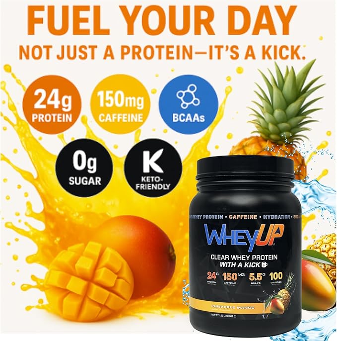 WheyUP Clear Whey Isolate – 24g + 150mg Caffeine - Pineapple Mango - Clear Whey Protein Powder - Sugar-Free Keto-Friendly - Juice-Style Pre/Post Workout Drink - 20 Servings