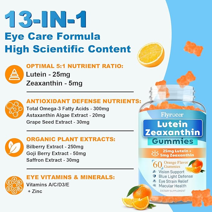 Sugar Free Lutein Gummies 25mg Lutein and Zeaxanthin Supplements for Eye Health 13-in-1 Eye Care Formula with Omega-3 Bilberry Saffron-Vision Health Eye Strain Dry EyesVegan Orange Flavor 120 Cts