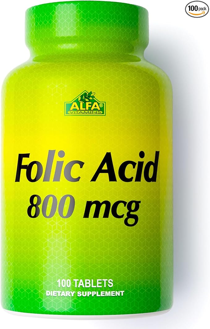 ALFA VITAMINS Folic Acid 800 mcg Prenatal Supplement Supports Cardiovascular Health Body &amp Brain Functions Red Blood Cell Formation &amp Healthy Fetal Development Dietary Supplement 100 Tabl