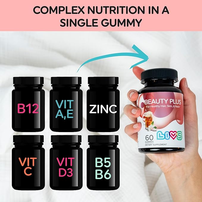LIVS Beauty Plus Gummy Vitamins - Biotin Gummies for Hair Skin and Nails | Natural Gluten-Free Non-GMO Beauty Supplement with Vitamins A C E B12 D2 Zinc &amp More - Cream Soda Flavor - 120 Ct