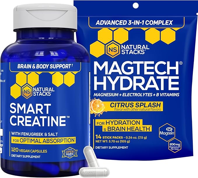 NATURAL STACKS Creatine Monohydrate &amp Magtech Hydrate Bundle - 2500mg Creatine + 200mg Elemental Magnesium Per Serving - Supports Hydration Brain Health &amp Endurance - 44 Total Servings