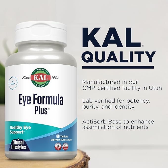 KAL Eye Formula Plus Eye Care and Vision Supplements for Adults with Eye Vitamins Lutein and Zeaxanthin Plus Bilberry Extract Goji and Blueberry Extract 60-Day Guarantee 15 Servings 60 Tablets