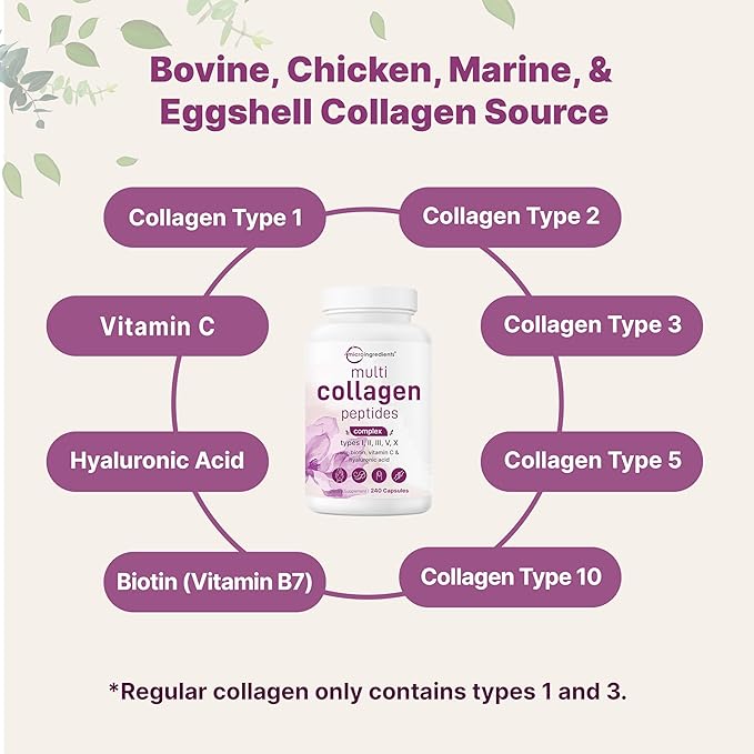 Micro Ingredients Multi Collagen Pills for Women &amp Men 240 Capsules | Type I II III V X | Hydrolyzed Peptides with Biotin Hyaluronic Acid &amp Fat Soluble Vitamin C Complex | Non-GMO Fill