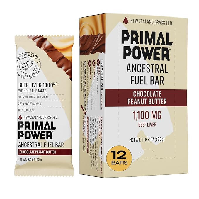 Primal Power Beef Liver Bar 1100mg - New Zealand Grass-Fed 211% DV B12 10g Protein Collagen - Zero Added Sugar No Seed Oils Gluten Free - Chocolate Peanut Butter (12 Pack)