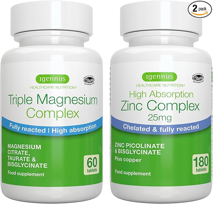 Triple Magnesium Complex + Zinc Complex Vegan Bundle High Absorption Chelated Magnesium + 25mg Chelated Zinc Picolinate &amp Bisglycinate with Copper by Igennus