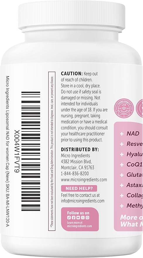 Micro Ingredients Liposomal NAD+ for Women Complex 180 Veggie Capsules | NMN Pathway Supplement | 12-in-1 Advanced NAD Formula with Resveratrol Hyaluronic Acid Glutathione &amp Collagen