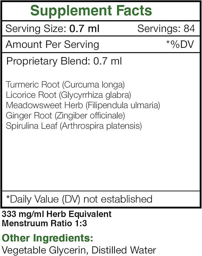 Tribal Inflam-Ease Alcohol-Free Glycerite Turmeric Licorice Meadowsweet Ginger Spirulina. Tincture Herbal Extract Intestinal Comfort Formula 2 OZ