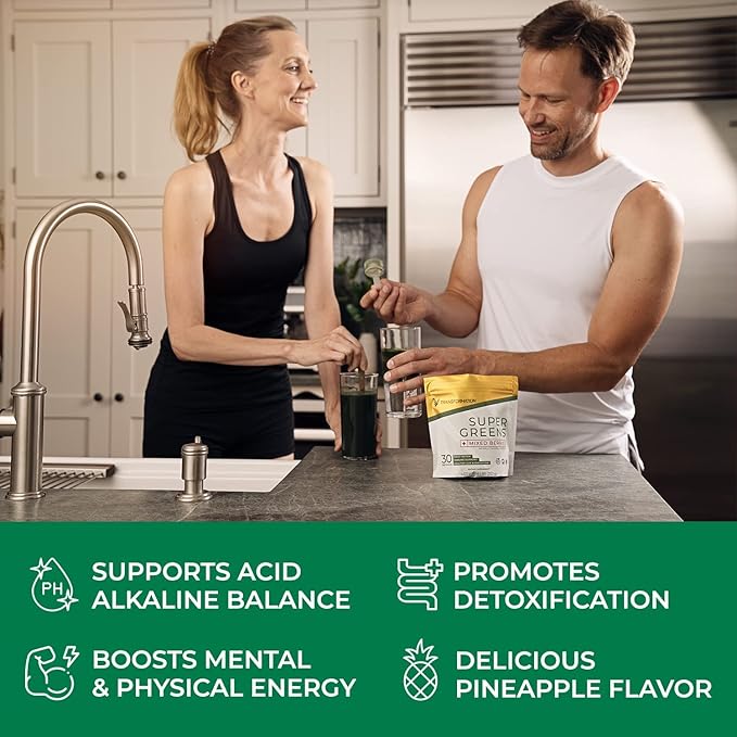 Transformation Super Greens Superfood Green Juice Powder - Immune &amp Energy Support | Natural Ingredients | Detoxifying &amp Alkalizing Minerals - Spirulina Chlorella Wheatgrass Spinach Alfalf