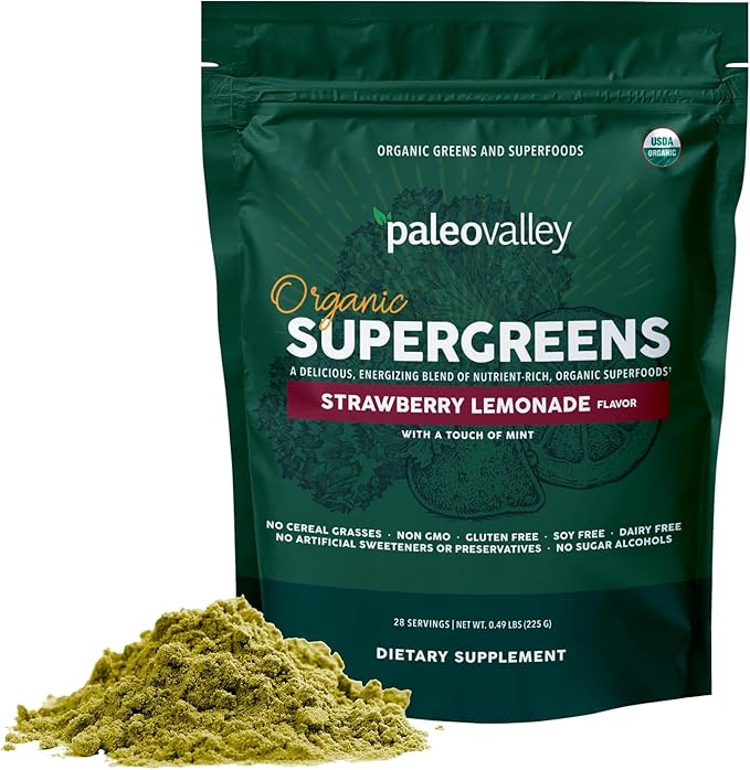 Paleovalley Organic Supergreens - Organic Greens Powder Superfood for Immune Support - Paleo Green Powder Blend - 28 Servings - 23 Superfoods - Gluten Free No Cereal Grasses Soy or Grain
