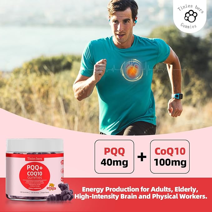 PQQ Gummies Supplement 40mg CoQ10 Gummies 100mg for Adults Two Ways Support Cellular Energy &amp Brain Nerve Heart Immune Health Antioxidant Non GMO Gluten Free Vegan Sugar Free Grape 120