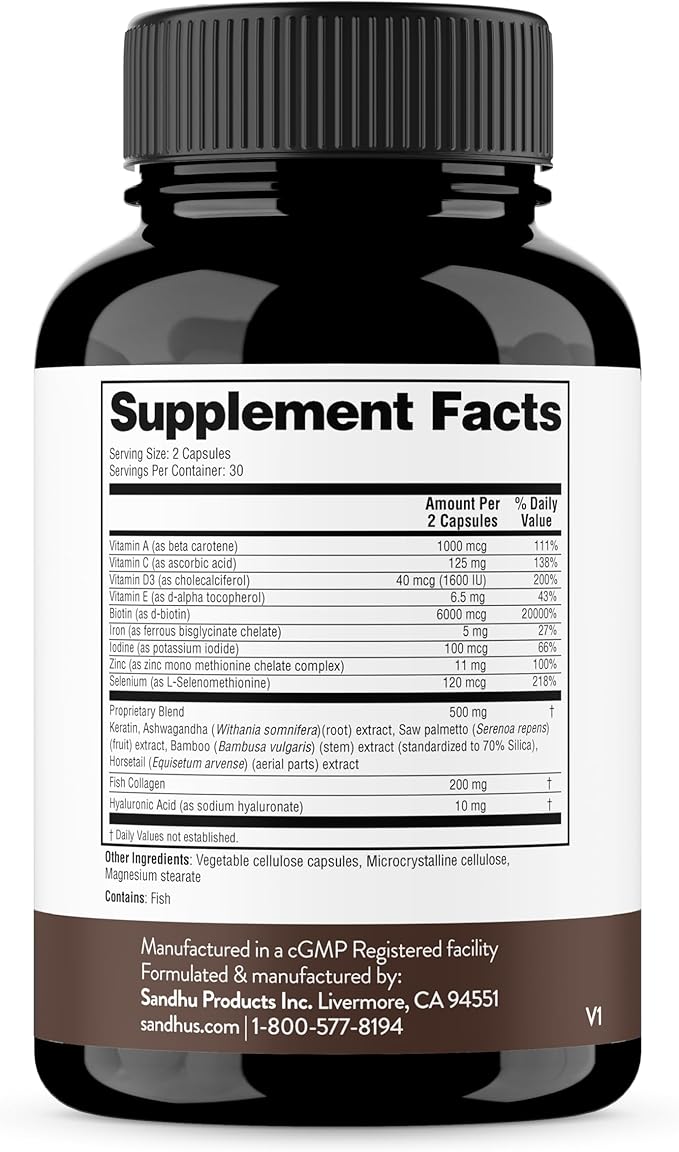 Sandhu's Biotin Collagen &amp Keratin Complex | Supports Normal Hair Growth Cycle | Vitamins for Skin &amp Nails | Hair Supplements for Women &amp Men | Made in USA | 60 Capsule Pills | with Hyalu