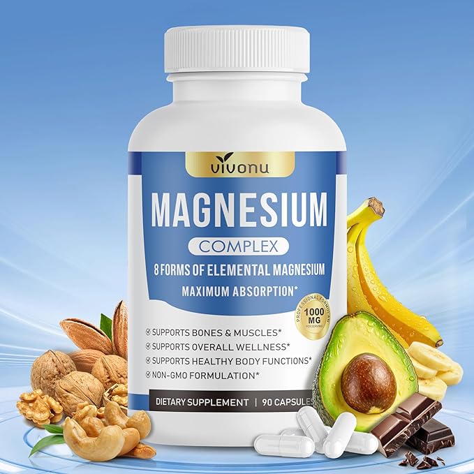 Magnesium Complex 1000mg – 8 Forms of Elemental Magnesium for Superior Absorption – Supports Muscle Recovery Bone Health &amp Nervous System Function – Non-GMO 90 Capsules