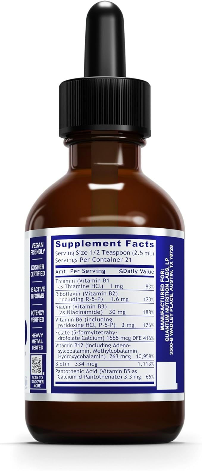 Quantum Nutrition Labs Max Energy B - Vitamin B Complex Liquid Drops Organic Supplement for Women and Men Vitamin B1 B2 B3 B5 B6 B12 - 2 Fl Oz
