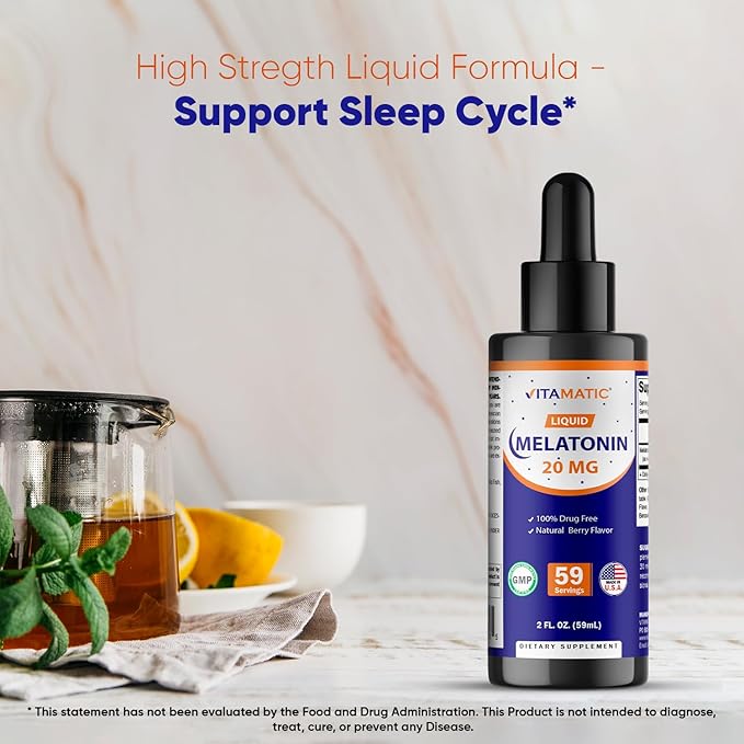 Vitamatic 4-Pack Melatonin 20mg Liquid Drops - 2 fl oz (59 ml) Each - Natural Berry Flavor - Non-GMO Vegetarian Supplement for Adults