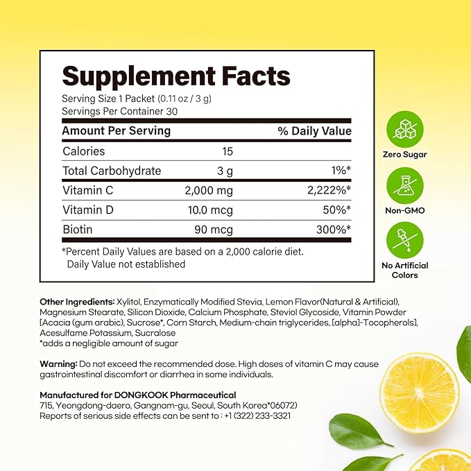 DONGKOOK Vita Pop 2000mg Vitamin C Vitamin D &amp Biotin Powder Stick Sugar Free Korean Vitamin C Supplement Multivitamin Immune Support Antioxidants for Healthy Skin Non-GMO Lemon Drink Mix 100 Pa