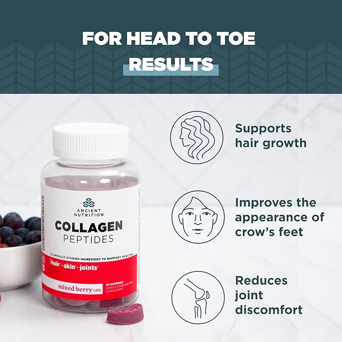 Ancient Nutrition Collagen Peptides Gummies Collagen Peptides Mixed Berry Chewable Gummies Supports Healthy Skin Joints Gut Keto and Paleo Friendly 45 Count 500mg Collagen per Serving