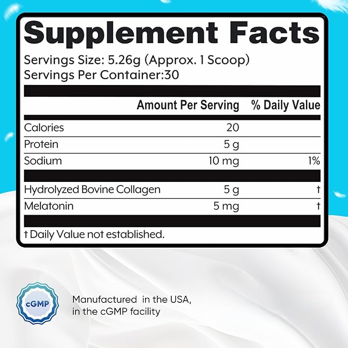 Melatonin 5 mg with Collagen Peptides Powder Grass Fed Hair Skin Nails and Sleep Support Non GMO Gluten Free Unflavored 5.56 oz