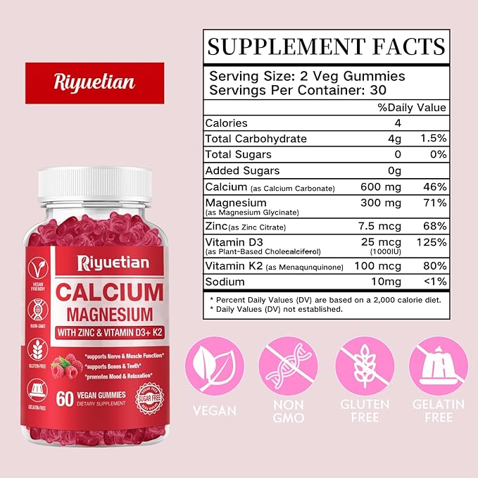 Calcium Gummies + Magnesium &amp Zinc with Vitamin D3 &amp K2 High Absorption Calcium Supplement for Bone Teeth &amp Immune Support Non GMO Vegan 120 Count