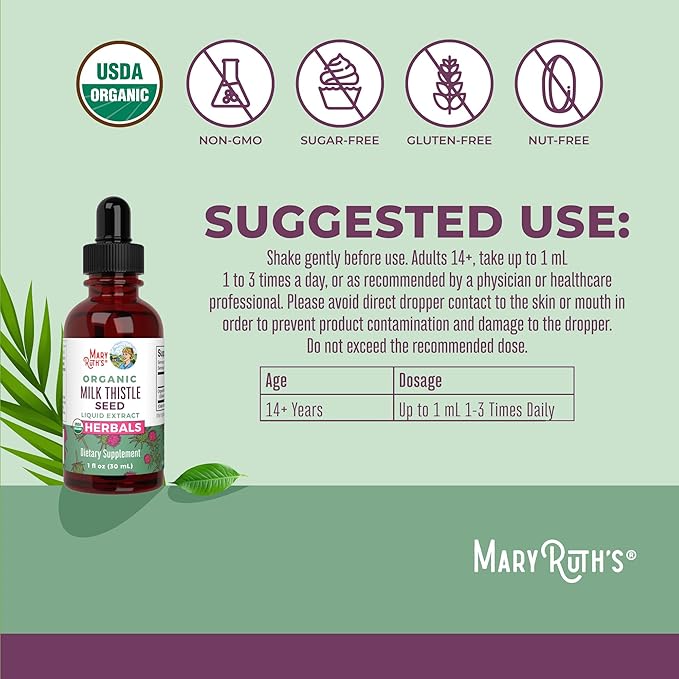 MARYRUTH'S Organic Milk Thistle Seed Liquid Extract Drops 1 fl oz | 1190 mg Milk Thistle Seed | Silybum marianum | Alcohol-Free | Vegan | USDA Organic | Non-GMO