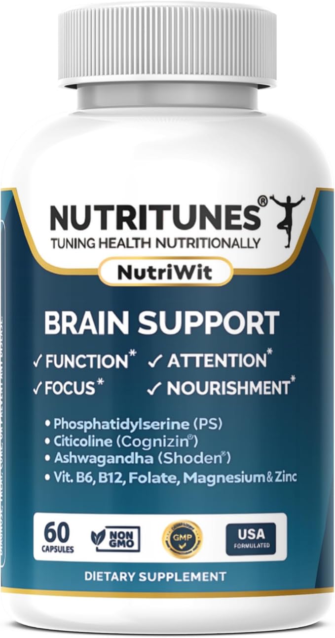 Brain Health Supplement–Memory Focus &amp Brain Nourishment Support with Cognizin Citicoline Phosphatidylserine Shoden Ashwagandha B Vitamins Magnesium &amp Zinc–60 NutriWit Capsules