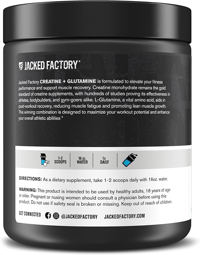 Jacked Factory Creatine + Glutamine - Creatine Supplement with L-Glutamine for Muscle Recovery Muscle Growth Increased Strength Enhanced Energy Output and Gut Health - 30 Servings Blue Raspberry