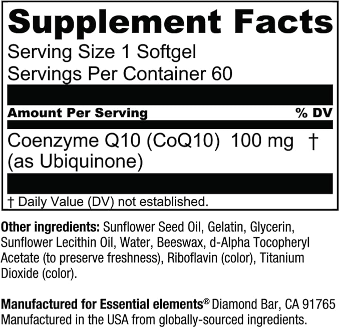 Essential Elements CoQ10 100mg Softgels for Heart Brain and Vascular Support - Comprehensive Coenzyme Q10 Supplement Formulated for Optimal Absorption - 60 Count 2 Month Supply