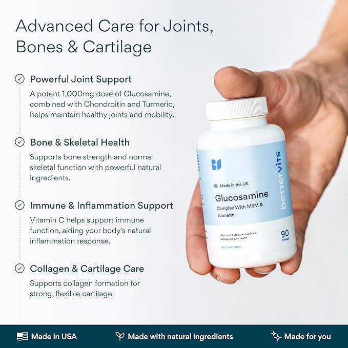 Bettervits Glucosamine Complex with MSM Сhondroitin | Joint Supplements for Women and Men with Vitamin C | Arthritis Support Supplement for Mobility &amp Flexibility - 90 Capsules