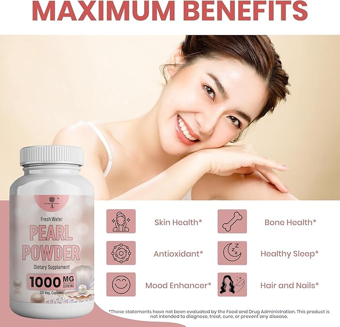Pearl Powder Supplement for Skin Health - Anti-Aging Antioxidant &amp Collagen Production - Healthy Eyes Hair &amp Nails Supports Immunity Mood and Sleep - With Calcium &amp Amino Acids 120 cap