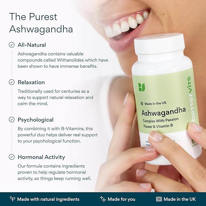 Bettervits Ashwagandha Complex with Passion Flower and Vitamin B – KSM-66® Organic Root Extract 800 mg – Supports Calm Energy and Emotional Balance – 60 Capsules