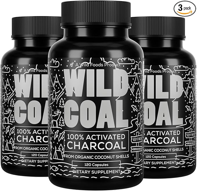 Wild Foods Activated Charcoal Capsules | 100% Organic Coconut Shells Active Tablets | Lab Tested &amp Non-GMO Detox Pills | USA (Three Bottles - 120 Capsules)