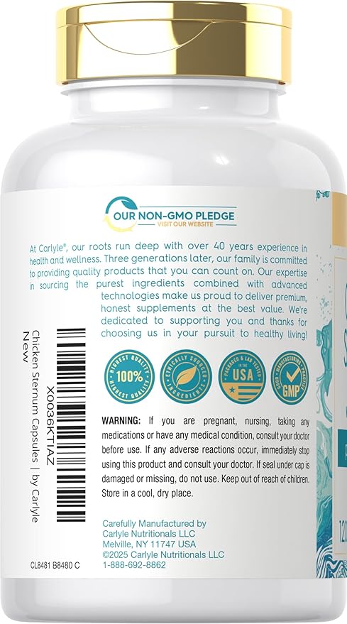 Carlyle Chicken Sternum Cartilage Collagen Capsules | Type II 3000mg | 120 Pills | Plus Hyaluronic Acid | Non-GMO Gluten Free