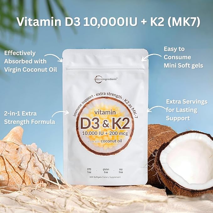 Micro Ingredients Vitamin D3 10000 IU + K2 MK-7 200 mcg 300 Softgels with Virgin Coconut Oil | 2-in-1 Vitamins D &amp K Complex | Extra Strength Easy to Swallow Non-GMO Gluten Free