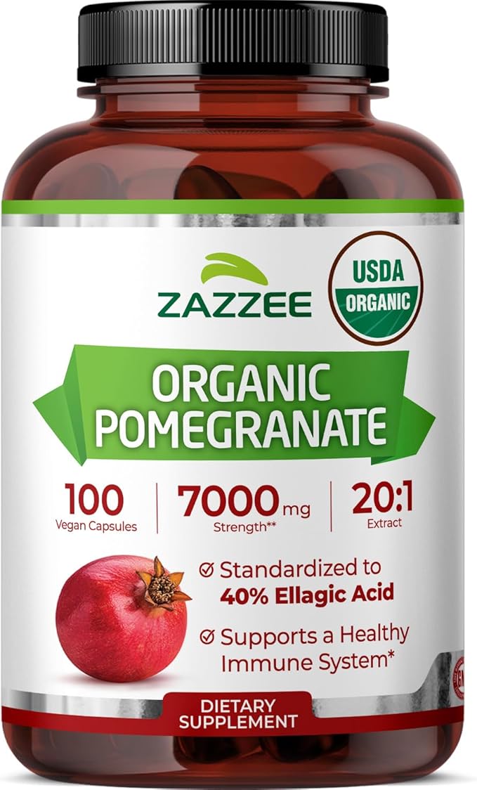 Zazzee USDA Organic Pomegranate 20:1 Extract 40% Ellagic Acid 100 Vegan Capsules 3+ Month Supply Punica Granatum Antioxidant Immune &amp Polyphenol Support All-Natural Non-GMO Made in the US