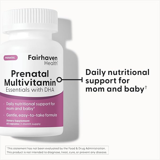 Fairhaven Health Prenatal Multivitamin Essentials with DHA | Prenatal Vitamins + DHA Choline Myo-Inositol | Citrus Essence to Deter Nausea | Vegan | 60 Capsules