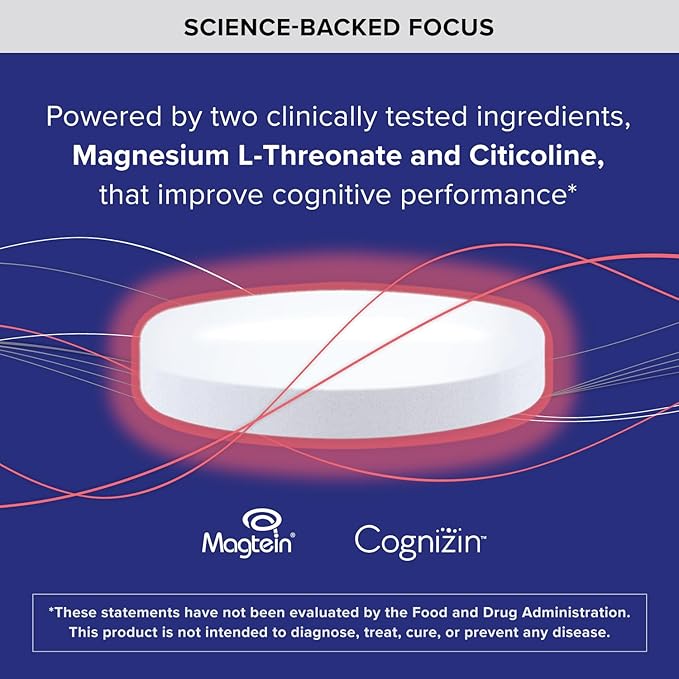 Qunol Brain Health Focus Plus Magnesium L-Threonate &amp Citicoline Clinically Tested Ingredients to Improve Focus Attention and Productivity 60 Count (Pack of 1)