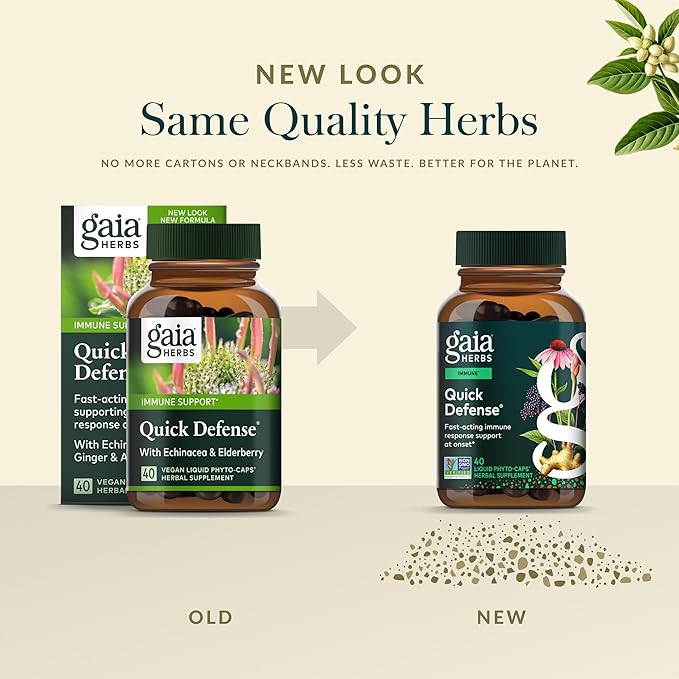 Gaia Herbs Quick Defense - Fast-Acting Immune Support Supplement* - Echinacea Black Elderberry Ginger &amp Andrographis - 40 Vegan Liquid Phyto-Caps (20 Servings)