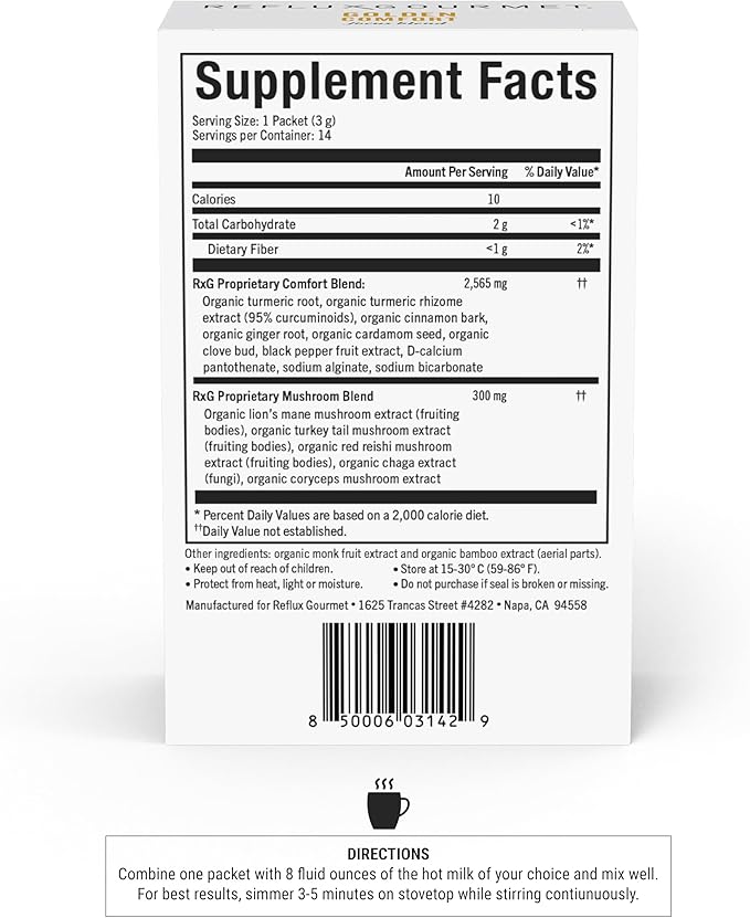 REFLUX GOURMET Golden Comfort Focus Blend–Natural Reflux Relief &amp Cognitive Boost–Turmeric Latte with Lion’s Mane Turkey Tail Red Reishi Chaga and Cordyceps–Max Absorption Curcuminoids–14 ct