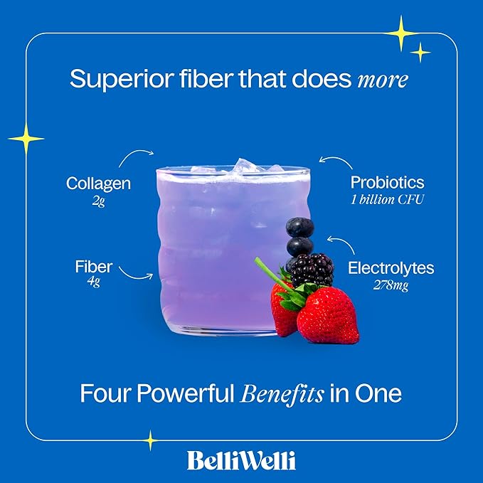 Belli Welli Daily Fiber Supplement Bundle with Collagen Probiotics &amp Electrolytes – Wild Berry &amp Orange Yuzu Mandarin Flavors – Supports Digestion Gut Balance &amp Debloating – 32 Servings