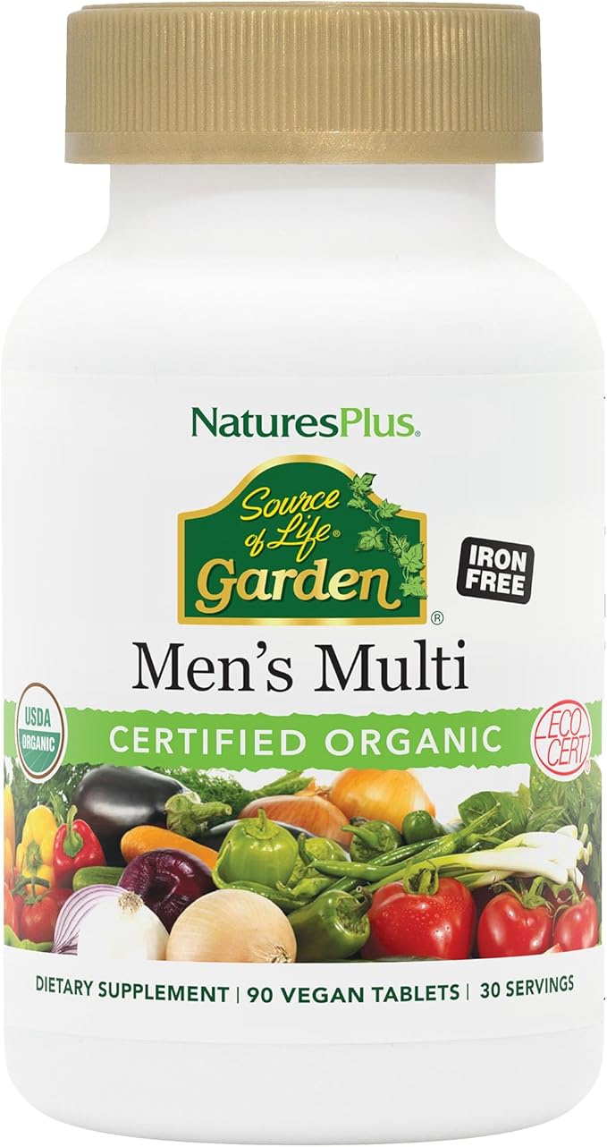 NaturesPlus Source of Life Garden Men’s Multivitamin - 90 Tablets - Supports Energy &amp Healthy Immune System - USDA Certified Organic Non-GMO Vegan Gluten Free Iron Free - 30 Servings
