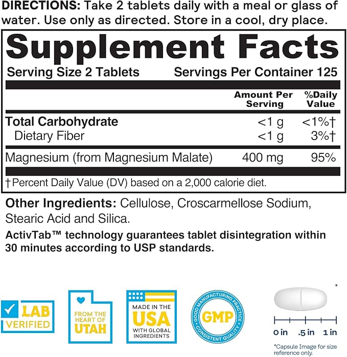 NATURE'S LIFE Renewing Magnesium Malate 400 mg - Bioavailable Magnesium Complex - Bound with Malic Acid for Bones Muscles Nerve Function and Heart Health Support - 60-Day Guarantee 125 Servings
