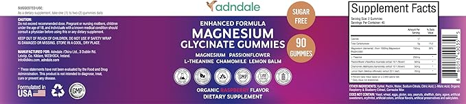 Adndale 90CT Magnesium Glycinate Gummies. Sugar Free Chews for Adults &amp Kids. Raspberry Flavour