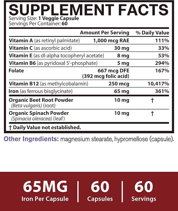 Iron Supplement for Women Men High Potency Iron 65mg with Vitamin C &amp 9-in-1 65mg Ferrous Bisglycinate Chelate with Vitamin A C E B6 B12 Folate