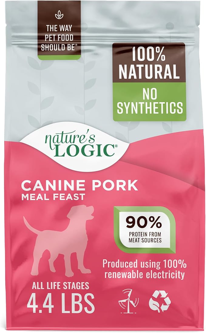 NATURE'S LOGIC Dry Dog Food - 100% Natural - No Synthetics - for All Ages Sizes Breeds - Free from Common Allergens High Protein - Pork Meal Feast 4.4lbs