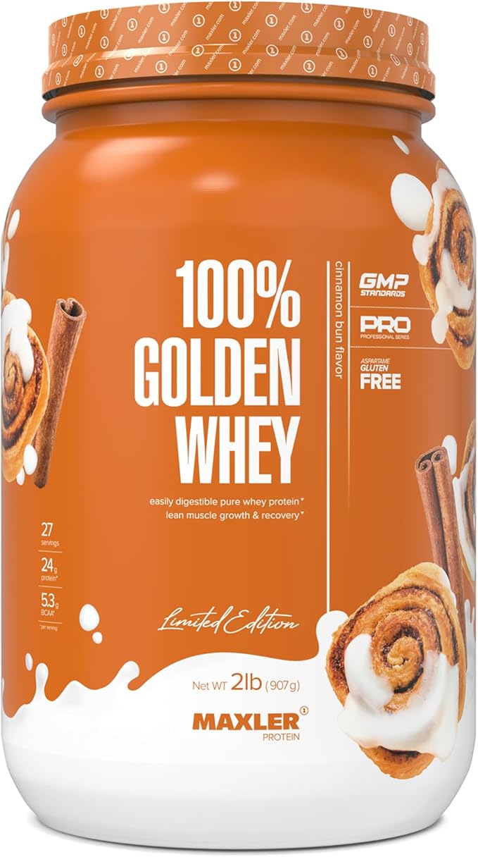 Maxler 100% Golden Whey Protein - 24g of Protein per Serving - Whey Protein Powder for Pre Post Workout - Fast-Absorbing Whey Concentrate Isolate &amp Hydrolysate Blend - Cinnamon Bun 2 lb