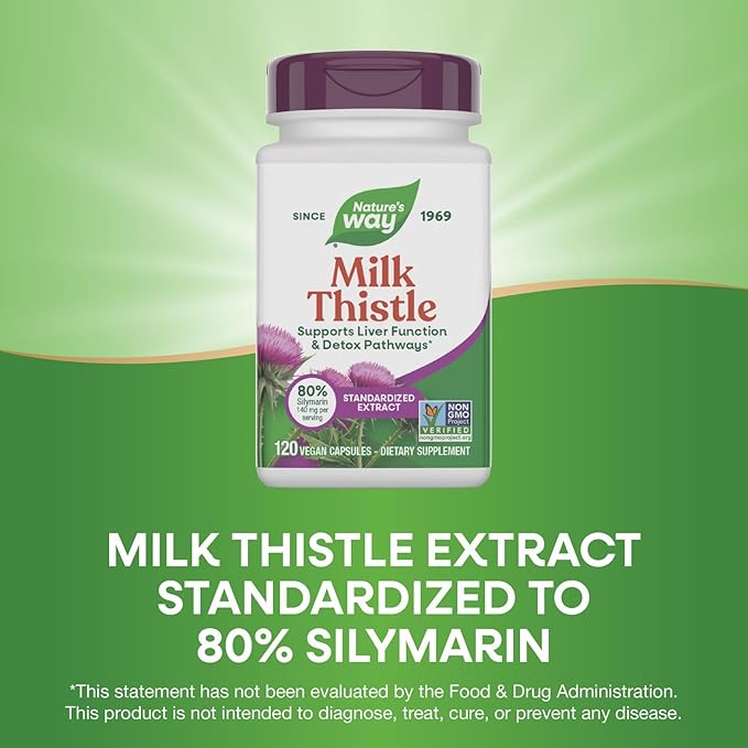 Nature's Way Milk Thistle Supports Liver Function &amp Detox Pathways* 175 mg Milk Thistle Seed Extract Standardized to 80% Silymarin per Serving Vegan 120 Capsules (Packaging May Vary)
